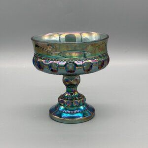 Vintage Indiana Blue Iridescent Carnival Glass Kings Crown Thumbprint Compote